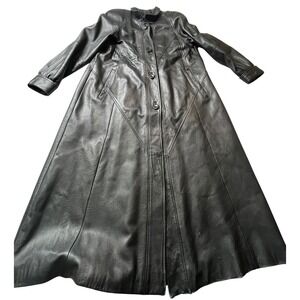LNR Petites S/P Black Genuine Leather Long Maxi Trench Coat Women steam punk VTG